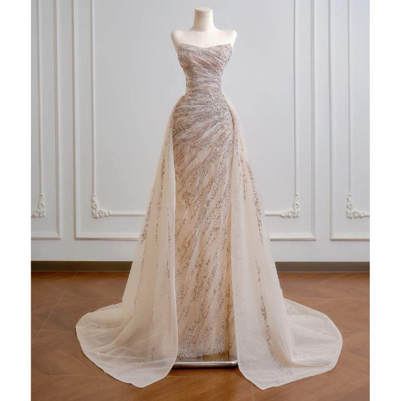 High-End Tube Top Evening Dress, Feminine Birthday Party Host Fishtail Dress, Light Luxury Champagne Color Engagement Toast Dress High-End Tube Top Evening Dress, Feminine Birthday Party Host Fishtail Dress, Light Luxury Champagne Color Engagement Toast Dress