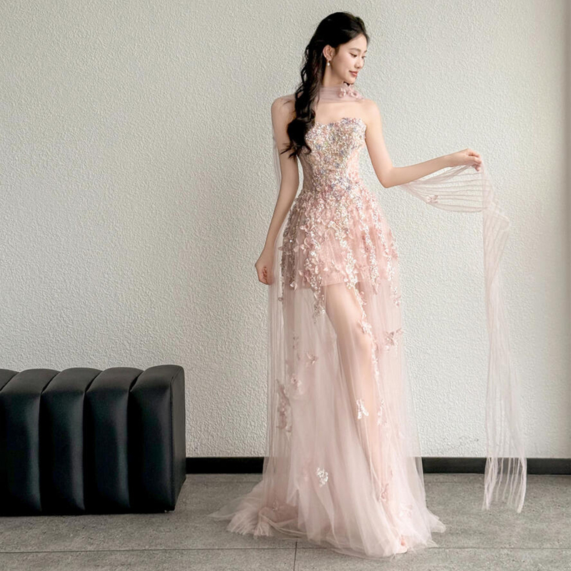 Strapless Evening Dress, Super Fairy-Like Bridal Robe, High-End Sheer Dress, Birthday Party, Coming-Of-Age Ceremony Host Long Dress Strapless Evening Dress, Super Fairy-Like Bridal Robe, High-End Sheer Dress, Birthday Party, Coming-Of-Age Ceremony Host Long Dress