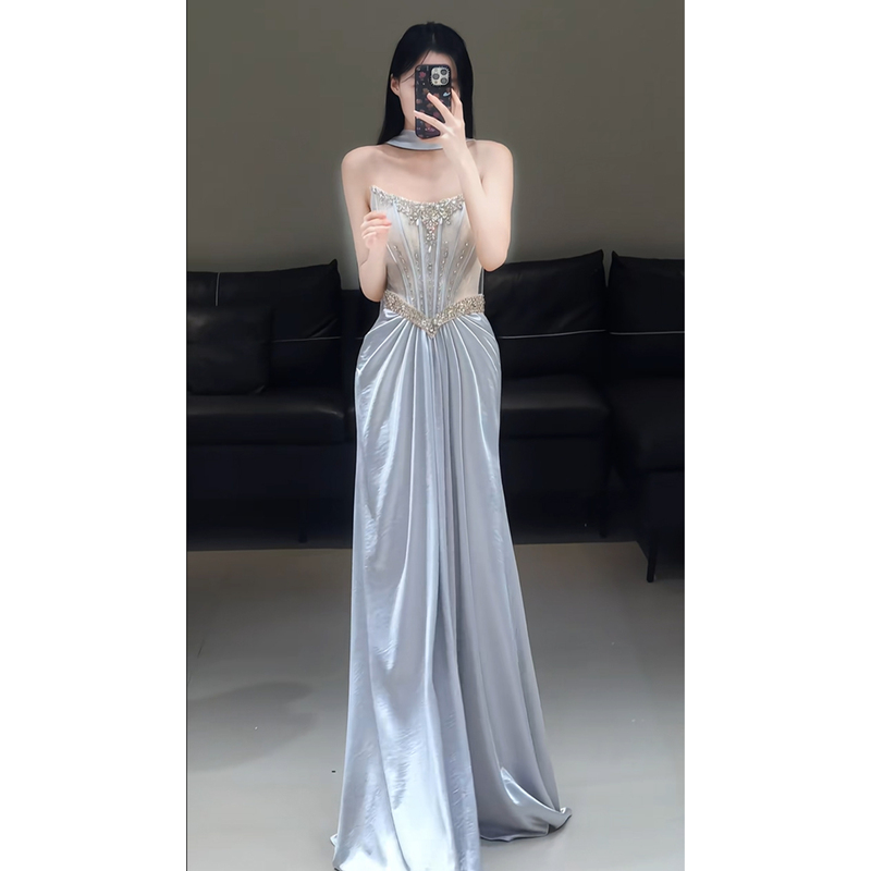 High-End Strapless Evening Dress, French-Style Hostess Silver Dress, Light Luxury Birthday Performance Engagement Toast Dress