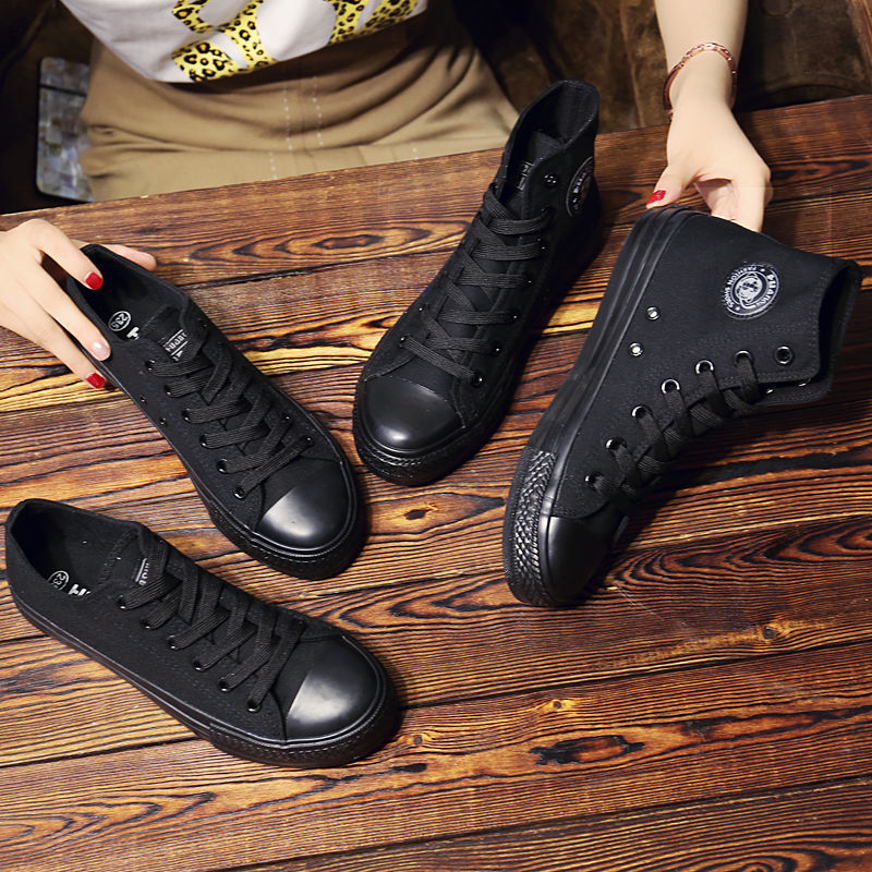 All Black High-Top Pure Black Canvas Shoes for Female Students, Casual Flat Shoes, Work Shoes, Sneakers