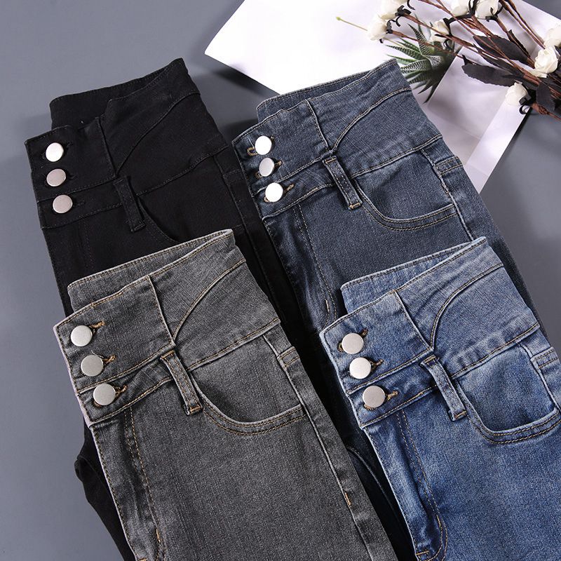 Three-Button High-Waisted Women's Stretchy Cropped Jeans, Slim Fit Skinny Pants, Three-Button Slimming Tummy Control Long Pants, New Style