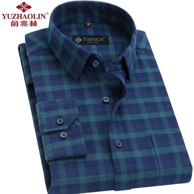 Men's All-Cotton Brushed Plaid Shirt, Men's Long-Sleeved Middle-Aged Men's Clothing, Dark Green Pure Cotton Brushed Loose Shirt