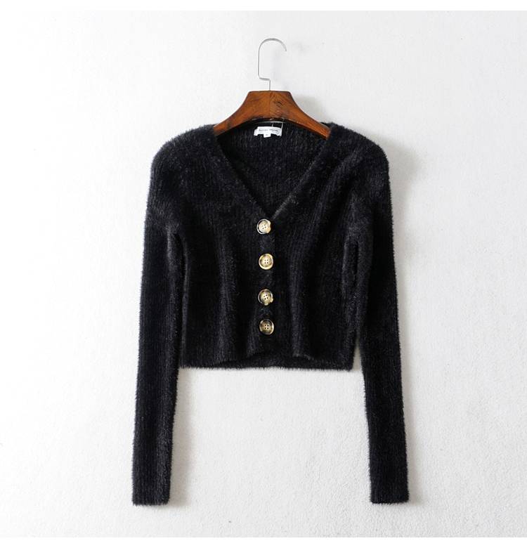 đầu mùa thu Pháp retro cô gái eo cao ngắn cổ chữ V đơn hàng khóa áo len dài tay áo len cardigan cardigan