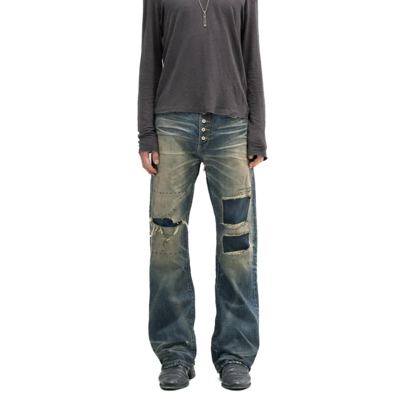 No Faith Studios Japanese Twill Fabric Distressed Whiskered Jeans, Same Style as Travis Scott