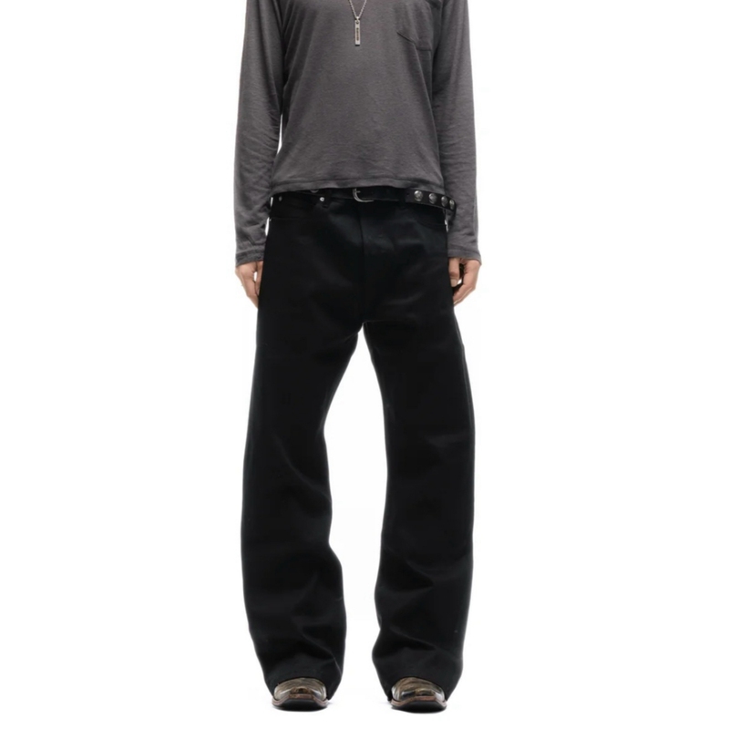 No Faith Studios Japanese Twill Pure Black Raw Denim Scimitar Boot Cut Red Edge Selvedge Jeans for Men No Faith Studios Japanese Twill Pure Black Raw Denim Scimitar Boot Cut Red Edge Selvedge Jeans for Men