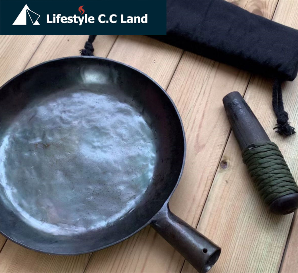 CCLand Black Leather Iron Camping Pan Outdoor Handcrafted Wrought Iron Pan Cooked Iron Uncoated Portable