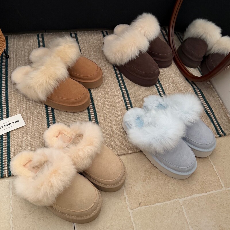 Henan Sangpo Snow Boots with Long Fur, 2025 Autumn and Winter New Stylish Wool Thick-Soled Closed-Toe Slippers, Round-Toe, Warm