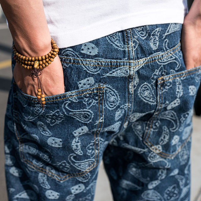 Trendy fat men's large size denim pants straight hiphop full printed embroidered cashew flower jeans men's loose wide leg pants