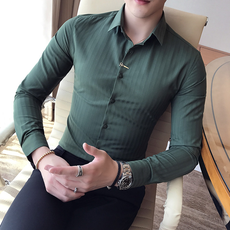 清熟男 秋季休闲衬衣男装时尚商务潮寸衫 发型师 暗条纹长袖衬衫