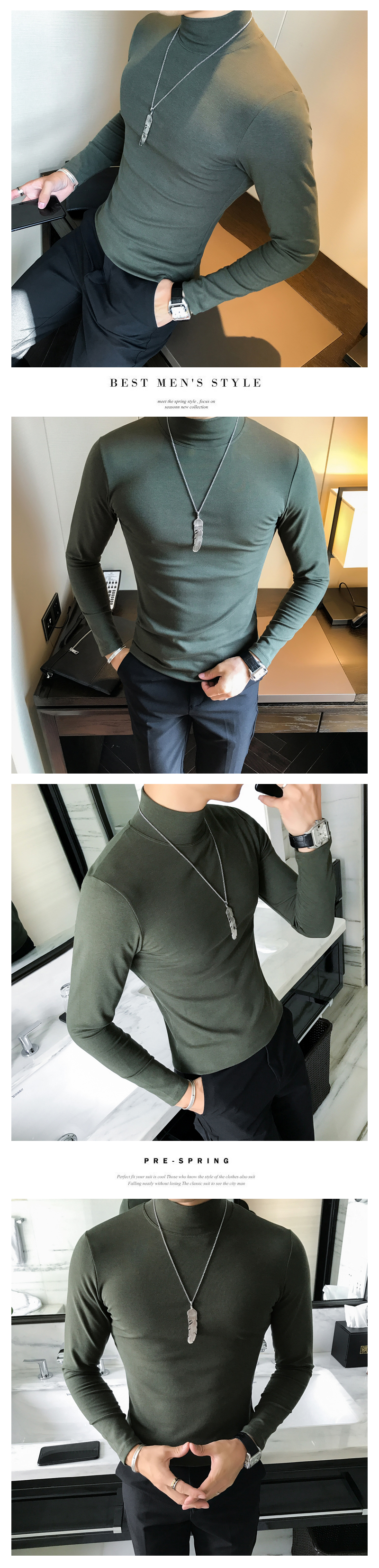 Áo thun nam mùa thu đông màu sắc cơ bản Thanh niên thời trang dài tay Cổ áo ấm cổ áo thun Cổ cao nửa cổ áo thun nam cổ tròn