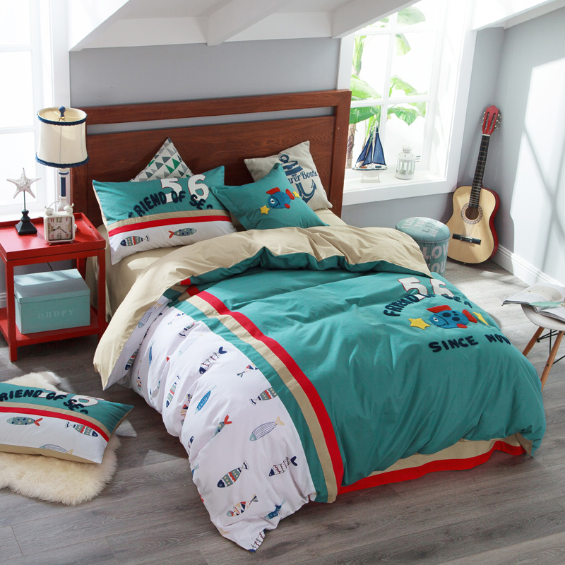 Cotton embroidered cartoon four-piece set of boys and girls children's student bedding 1 2 1 35 meters 1 51 8 pure cotton