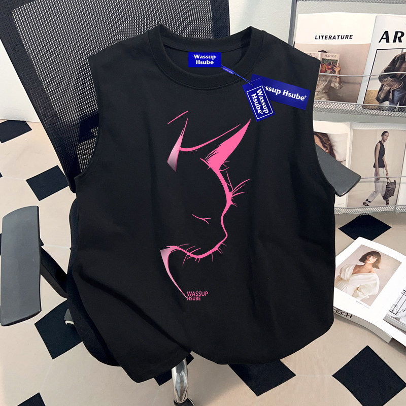 Wassup Summer Trendy Brand Creative Letter Print Pure Cotton Top for Men and Women ins T-Shirt Black Cool Sleeveless Vest