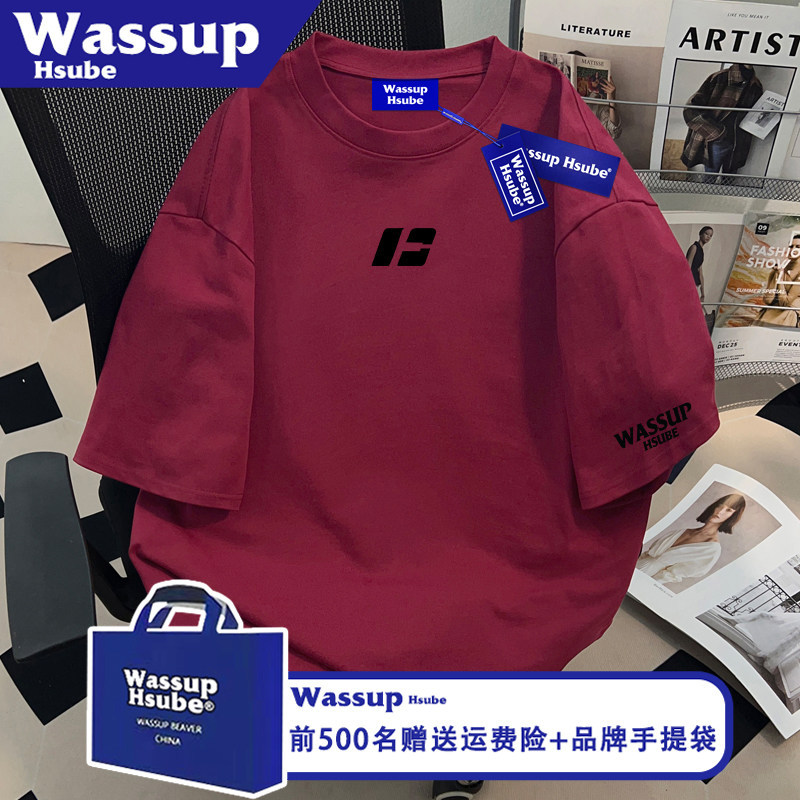 Wassup Summer Niche Pure Cotton T-Shirt with Simple Letter Print, Short Sleeves, Ins Style, Unisex, Wine Red, Fashionable Short-Sleeve