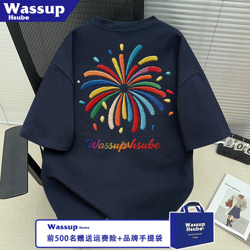 Wassup Fashion Cartoon Print Navy Blue T-Shirt Unisex Loose Short-Sleeved Ins Summer 100% Cotton Top