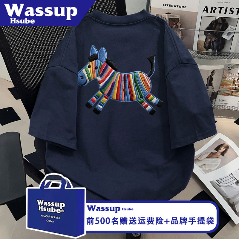 Wassup Trendy Brand Toy Horse Print T-Shirt Fashion Unisex Lazy Style Navy Blue Top Summer Pure Cotton Short Sleeve