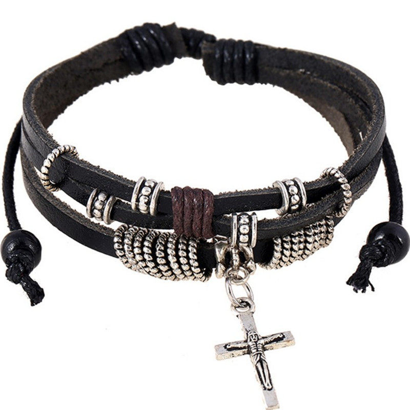 Retro Ornament New Cross Strings Beads Hand Condensed and Bull Leather Bracelet Knit Genuine Leather Bracelet Holiday Gifts