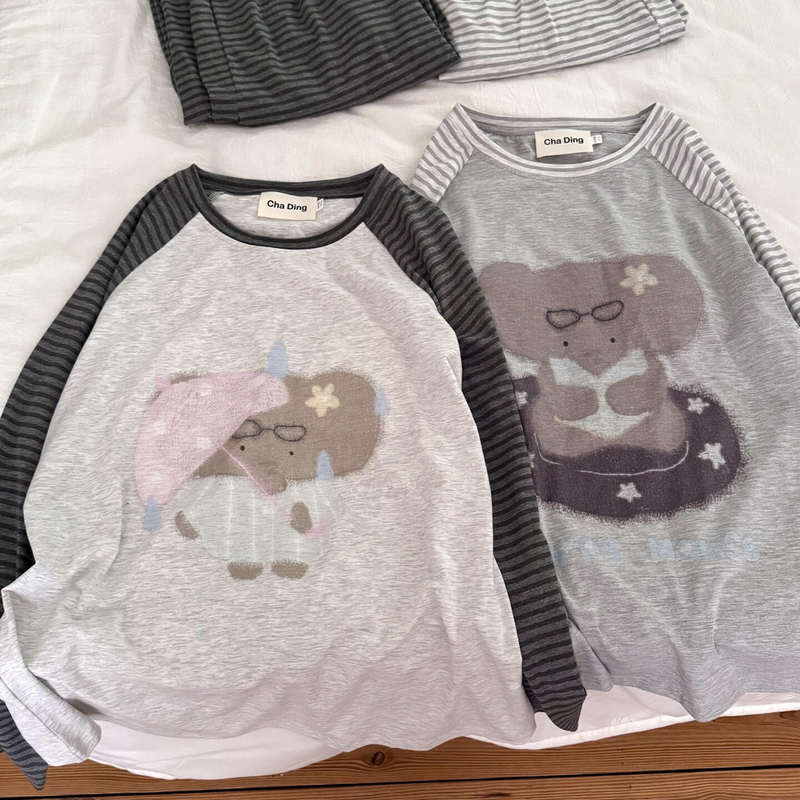 Wabi-Machi 2026 New Cotton Long-Sleeve Pajamas for Women, Autumn Reading Cartoon Elephant Beibei with Chest Pads Loungewear