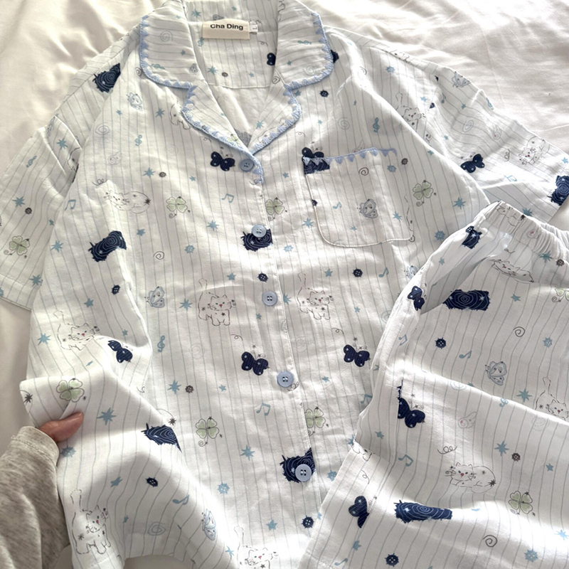 Watachi 2026 New Spring and Summer Cardigan Cartoon Short-Sleeved Pajamas Women's Cat Diary Pure Cotton Home Wear Set