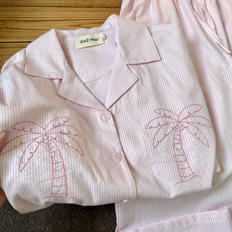 Watachi 2025 New Pink Striped Coconut Tree Short-Sleeved Pajamas for Women, Spring and Summer Thin Vacation Style Home Wear Set