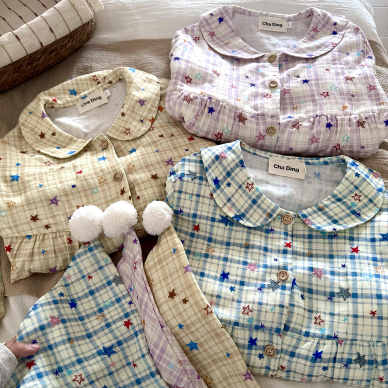 Watachi 2026 New Style Home Wear Set with Chest Pads, Spring and Autumn Pure Cotton Gauze Blue Plaid Star Long-Sleeved Pajamas for Women Watachi 2026 New Style Home Wear Set with Chest Pads, Spring and Autumn Pure Cotton Gauze Blue Plaid Star Long-Sleeved Pajamas for Women