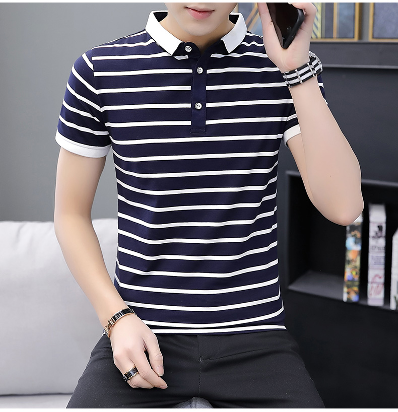 Mùa hè ngắn tay áo thun nam ve áo polo thương hiệu thủy triều phiên bản Hàn Quốc đơn giản tự canh tác nửa hoang dã sọc xu hướng quần áo nam - Polo áo cotton nam