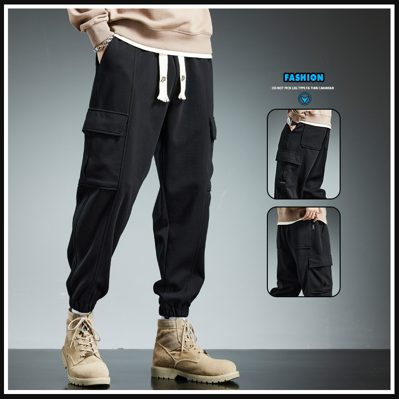 Black Jogger Knit Sweatpants for Men, 2026 Spring Trendy Brand Workwear, Multi-Pocket Loose Fit Sports Casual Pants, Solid Color