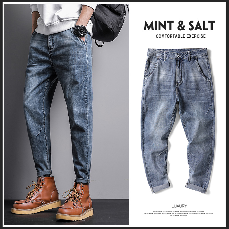 Middle Youth High-end Men's Jeans Straight Barrel Loose Blue Retro Casual Pants Student Ruffhanger 100 Lap 90% Pants