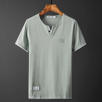 ins men short sleeves T-shirt Summer Korean version V collar compassionate trend personality with cotton blouse male summer dress half sleeve clothes
