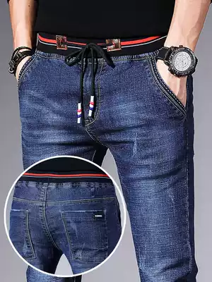 2021 New retro denim pants men's Japanese elastic waist drawstring slim wear-resistant casual autumn pipe pants