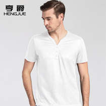 2021 Chinese style linen short sleeve T-shirt mens V-collar solid color Ramie casual shirt vintage middle-aged mens summer