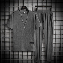 Short-sleeved t-shirt mens summer casual loose linen suit Summer thin clothes with sports suit mens T