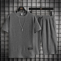 Short-sleeved mens Chinese style t-shirt summer loose ultra-thin ice silk linen sports suit Mens casual summer T-shirt