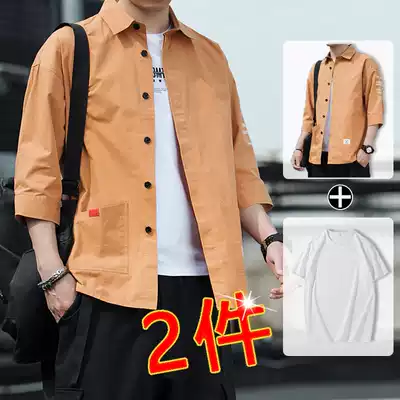 Short-sleeved shirt men's pure cotton three-point mid-sleeve summer thin casual summer tooling shirt jacket men's trendy brand