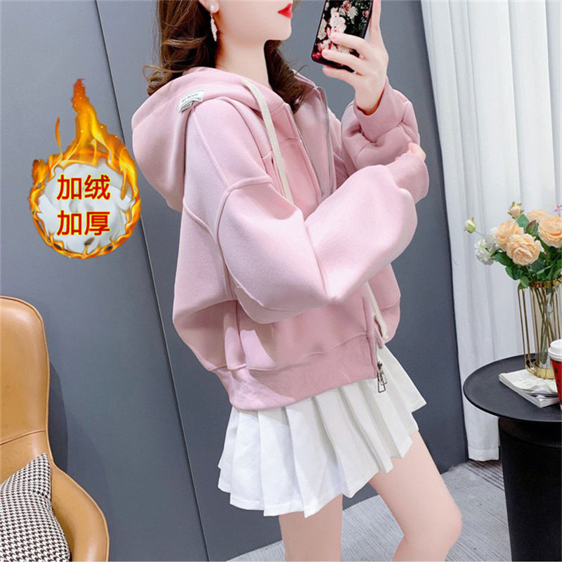 Pure Cotton Sweatshirt Cardigan for Women, New for Spring, Autumn, and Winter, Thin and Thick Styles, Fleece-Lined Short Jacket, Stylish and Age-Reducing Top for Petite Figures