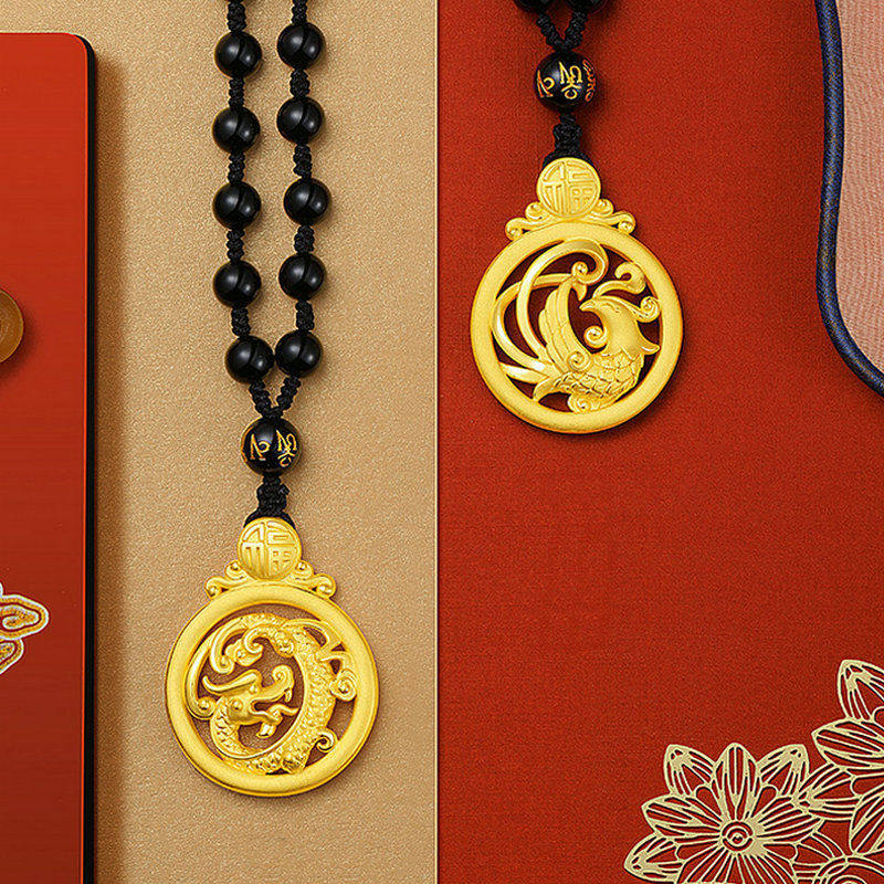 Hong Kong 999 real gold Long Feng couple pendant 3D hardgold Phoenix gold necklace foot - gold crash