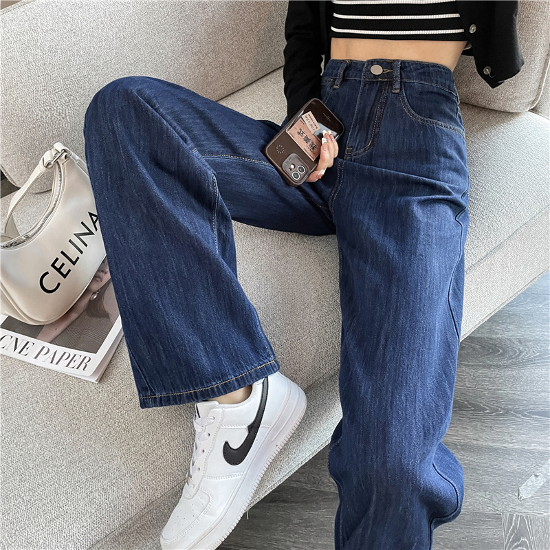 Dark Blue Slim Wide-Leg Straight Jeans for Women, High-Waisted, Slimming, 2026 Spring and Autumn New Style, Loose Fit for Petite Figures