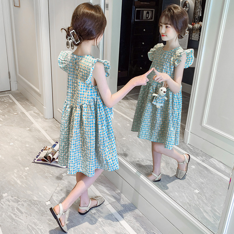 Girl's dress for dress Sharthin 2022 new children Summer Fashion Blue Skirt Little Girl Foreign Air Princess Dress 