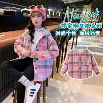Girl Fur Coats Autumn Winter 2022 New Children Foreign Air Trendy Plaid Shirt Plus Suede Thickened Long Sleeve Shirt