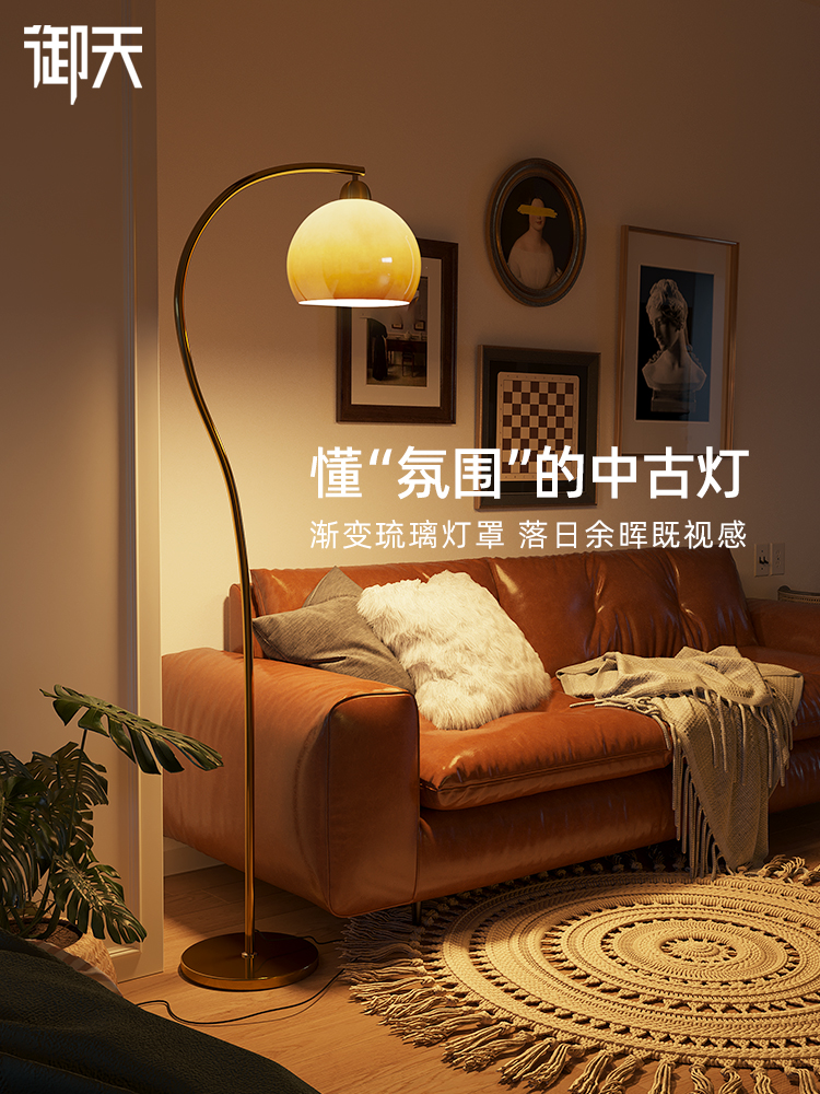 <!--法式中古氛围蘑菇落地灯高级感钓鱼灯客厅沙发旁卧室床头灯奶油风-->