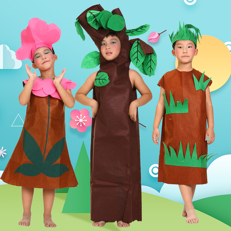 Children, adults, environmental protection, trees, flowers, grass, flowers, trees, costumes, parent-child fashion, dance clothes