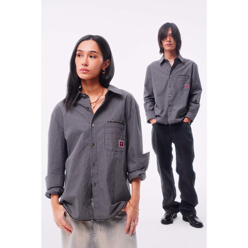 Wangxingyu Black and White Gray Fine Checkered Pattern Random Stitch Silver Thread Embroidery Metal Hem Loose Lapel Plaid Shirt