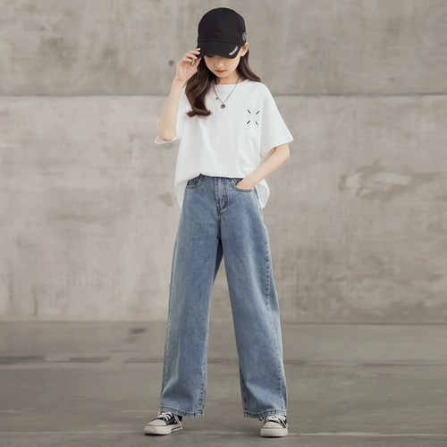 Летний комплект, штаны, летняя одежда, джинсовая футболка, детская одежда, короткий рукав, подходит для подростков