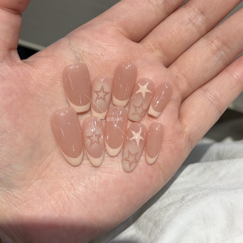 【Peach Milk Star】High-End Hollow-Out Hand-Painted Star Leather Pink French-Style Pure Handmade Wearable Nails with a Pure and Alluring Vibe 【Peach Milk Star】High-End Hollow-Out Hand-Painted Star Leather Pink French-Style Pure Handmade Wearable Nails with a Pure and Alluring Vibe