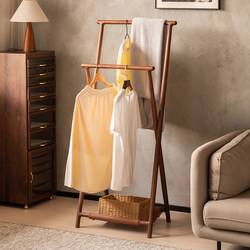 Solid Wood Coat Rack, Black Walnut Wood Clothes Rack, Floor-Standing Simple Vertical Clothes Drying Rack, Integrated Bedroom Storage Rack for Home Use