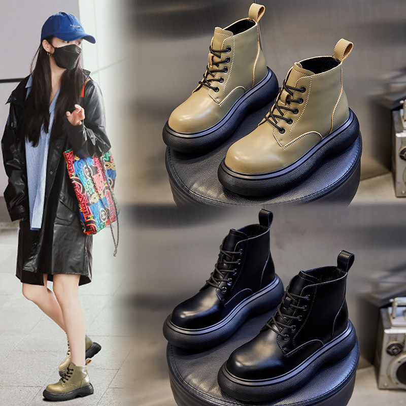 Autumn and winter 2022 new casual leather Martin boots women's thick-soled heightened short-tube fashion boots British style mid-tube women