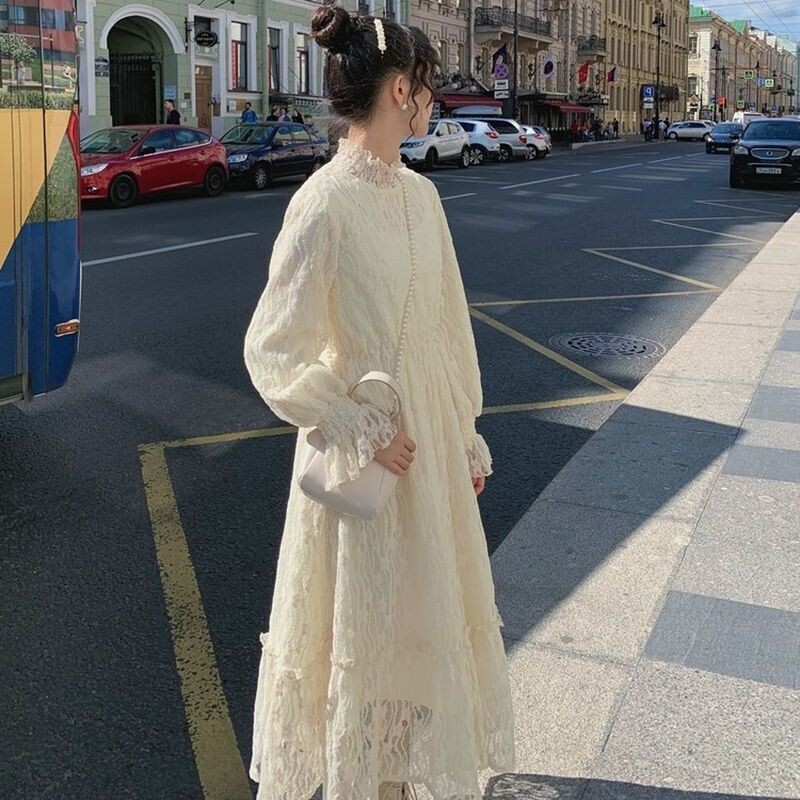 Gentle and Elegant French Style First Love Forest Style Inner Layer Lace Fleece-Lined White Dress Fairy Long Dress Fashion