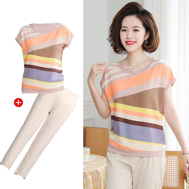 Mom summer ice silk top thin middle-aged women's short-sleeved T-shirt Middle-aged women's Western style two-piece suit