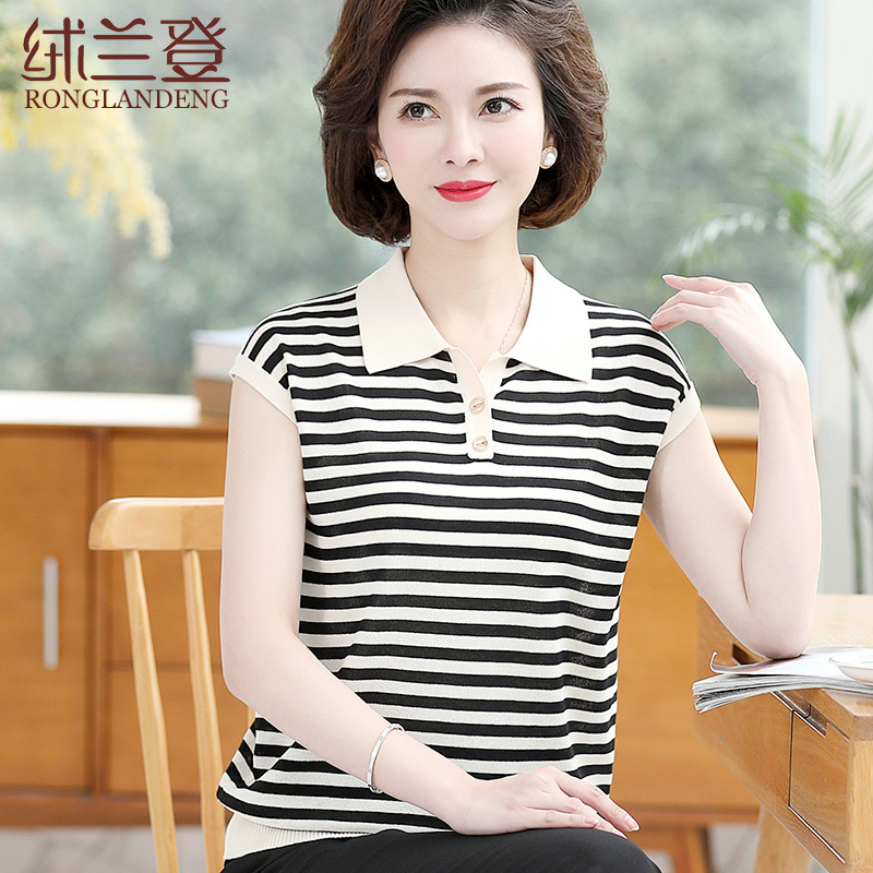 Mother summer fit short sleeve T-shirt female Jane about 40 50 years old woman in summer turning over knitted short sleeve blouse
