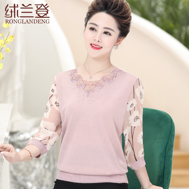 Middle aged woman dress spring yarn sleeves knit undershirt slim fit 40 years 50 Mom loaded with spring clothing T-shirt 70% sleeves
