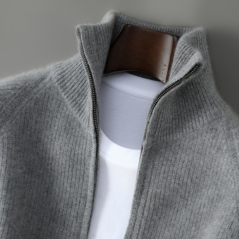 Double-Layered Thickened 100% Pure Wool Sweater for Men, Zip-Up Cardigan, Loose-Fitting Knit Outerwear for Autumn and Winter, Cashmere Sweater